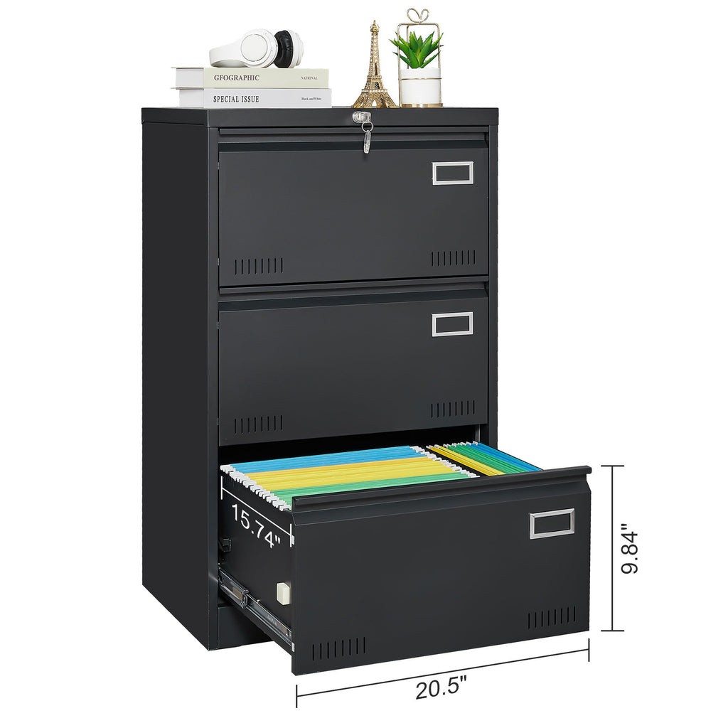 Leoglint Filing Cabinet Lateral File Cabinet 3 Drawer, Blcak Locking Metal File Cabinets Three Drawer, Office Filing Cabinet with Lock Drawers for Home Office/Legal/Letter/A4/F4