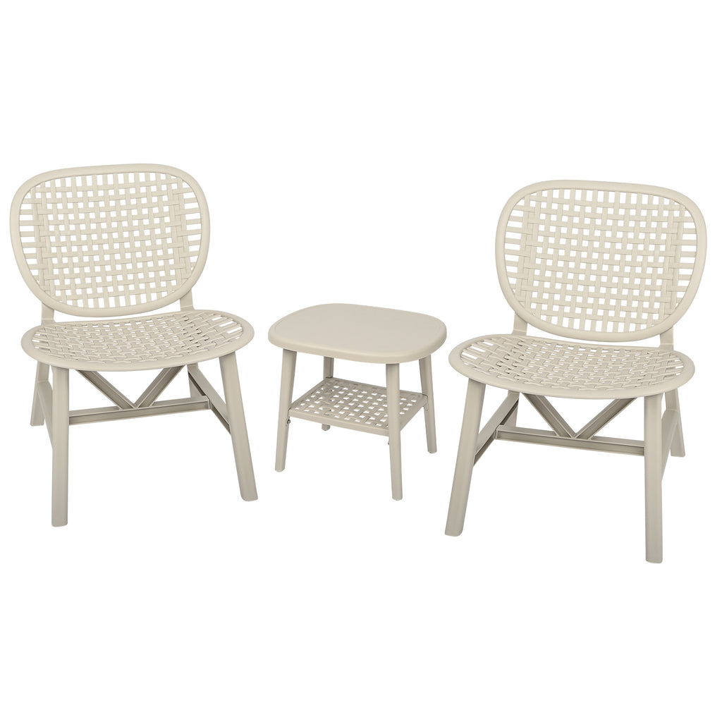 Leoglint 3 Pieces Hollow Design Retro Patio Table Outdoor Chair Set All Weather Conversation Bistro Set Outdoor Table with Open Shelf and Lounge Chairs with Widened Seat for Balcony Garden Yard White