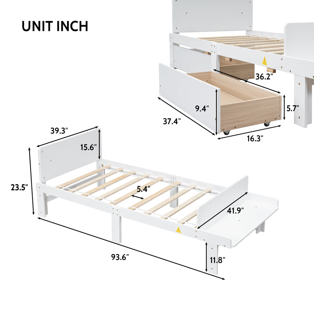 Twin Bed Frame with Footboard Bench,2 drawers,White