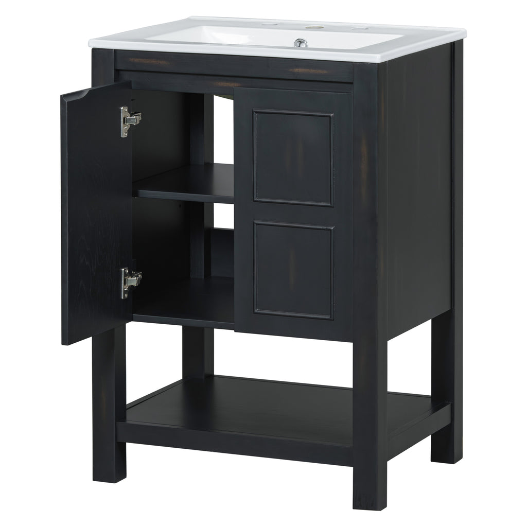 Leoglint 24x18.3x34.7 Inches Compact Vintage Style Bathroom Vanity Cabinet and Ceramic Sink Combo with Open Shelf-2 Soft-close Doors