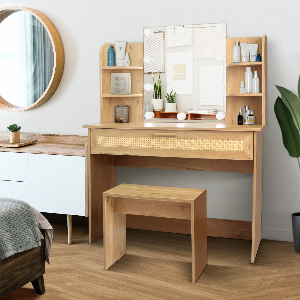 Leoglint Drawer Chest Vanity Desk Set Stool & Dressing Table with LED Lighting Mirror Drawer and Compartments Modern Wood Cosmetic Table Chest of Drawers Nature Color