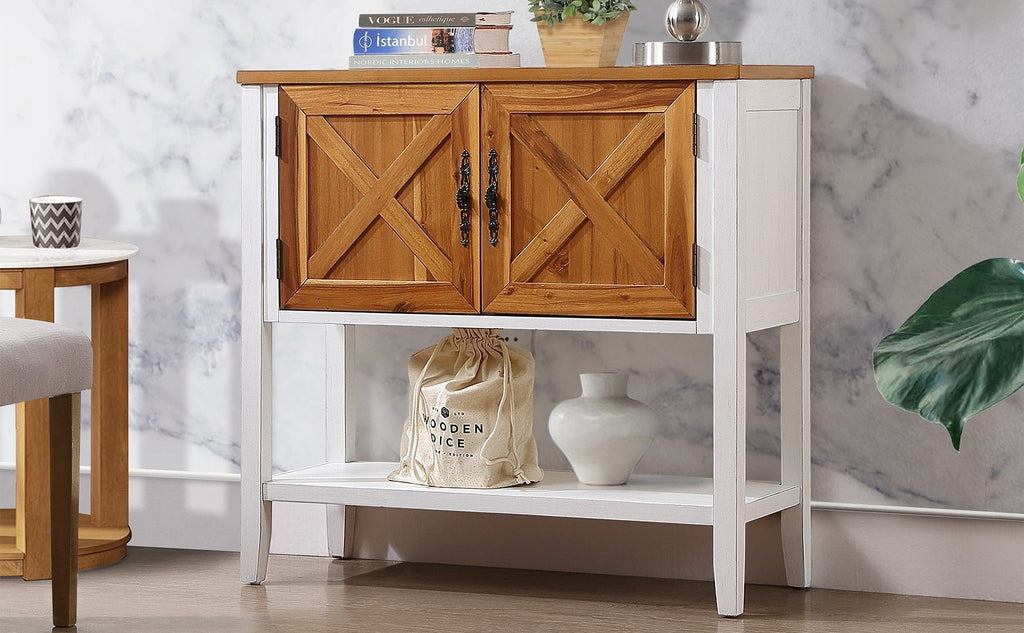 Leoglint 35''Farmhouse Wood Buffet Sideboard Console Table with Bottom Shelf and 2-Door Cabinet, for Living Room, Entryway,Kitchen Dining Room Furniture (Antique White + Natural Acacia Top & Door)