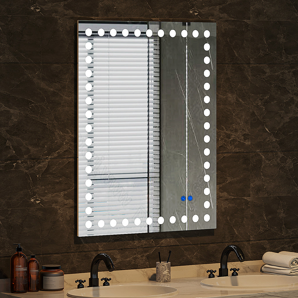 Leoglint 36×28 Inch Led-Lit Bathroom Mirror, Wall Mounted Anti-Fog Memory Rectangular Vanity Mirror With Tri-White Front Circular Light And Touch Sensor Dimmer Switch