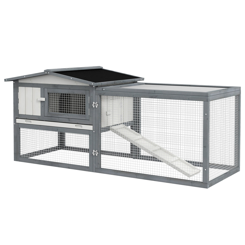 Leoglint Large Rabbit Hutch Outdoor, 2-Tier 61" L Rabbit Cage with Run Feeding Trough Wooden Guinea Pig Hutch with Removable Tray, Ramp, Asphalt Roof, for 1-2 Rabbits, White