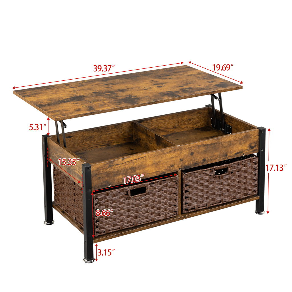 Leoglint Metal coffee table,desk,with a lifting table,and hidden storage space.There were two removable wicker baskets that could be placed in any space such as the living room,color:brown with fire wood grain