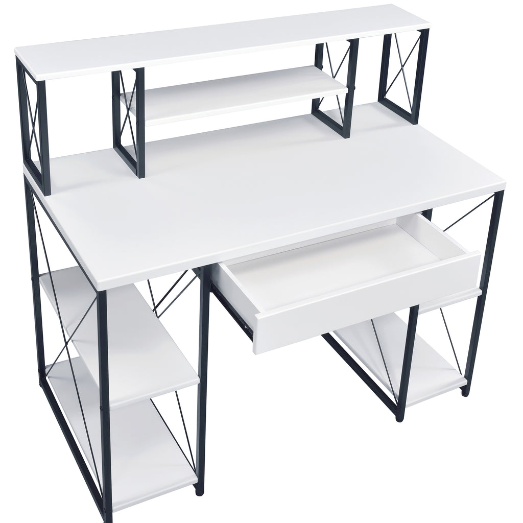 Leoglint White and Black Office Desk with Open Shelves and Hutch