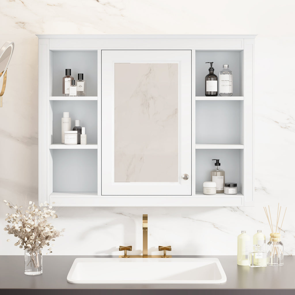 Leoglint 35'' x 27.5'' Medicine Cabinet, Wall Mounted Bathroom Storage Cabinet, Modern Bathroom Wall Cabinet with Mirror, Mirror Cabinet with 6 Open Shelves (Not Include Bathroom Vanity )