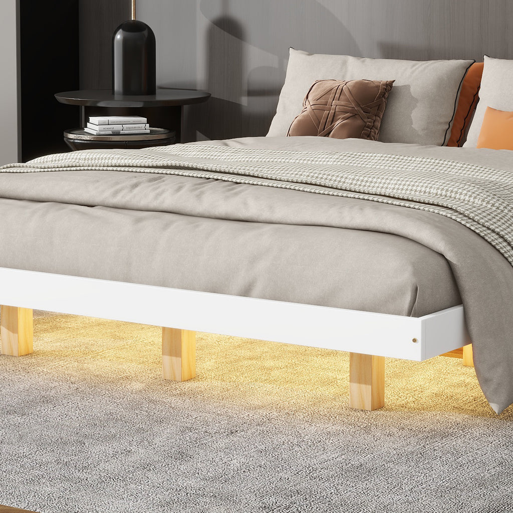 Queen Size Floating Bed Frame with LED Lights Underneath,Modern Queen Size Low Profile Platform Bed with LED Lights,White