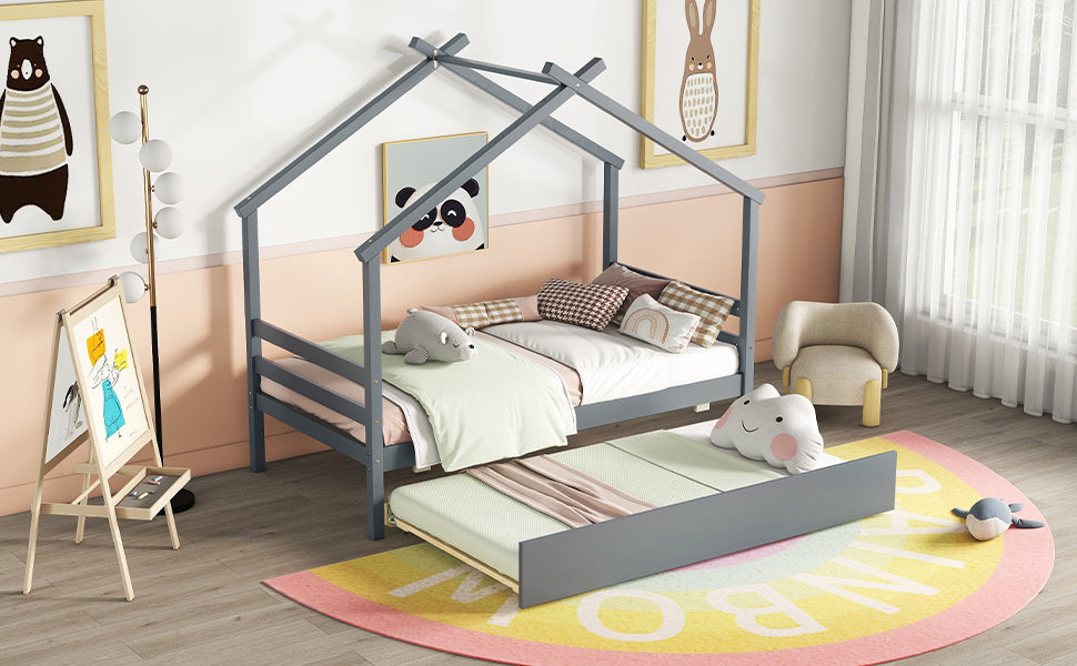 Leoglint Twin Size  House-shaped Bed Frame with Trundle,Grey