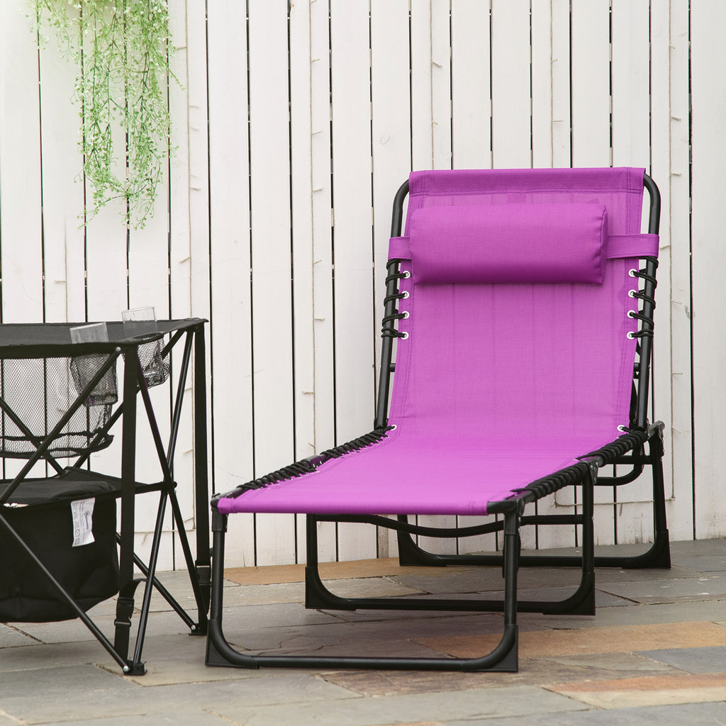 Leoglint Folding Chaise Lounge Pool Outdoor Chair, Patio Sun Tanning Chair, Outdoor Lounge Chair w/ 4-Position Reclining Back, Pillow, Breathable Mesh & Bungee Seat for Beach, Yard, Patio, Purple