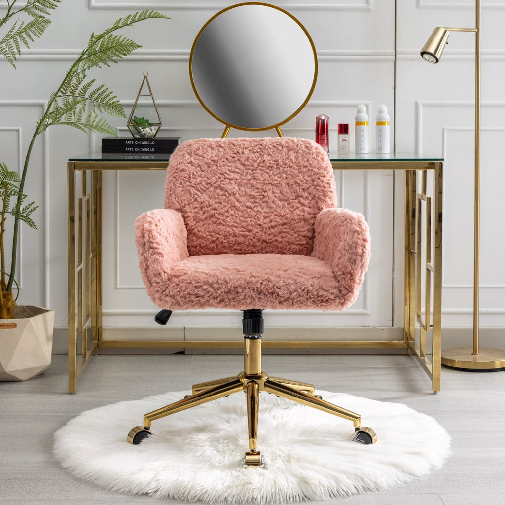 Leoglint A&A Furniture Office Chair,Artificial rabbit hair Home Office Chair with Golden Metal Base,Adjustable Desk Chair Swivel Office Chair,Vanity Chair(Pink)