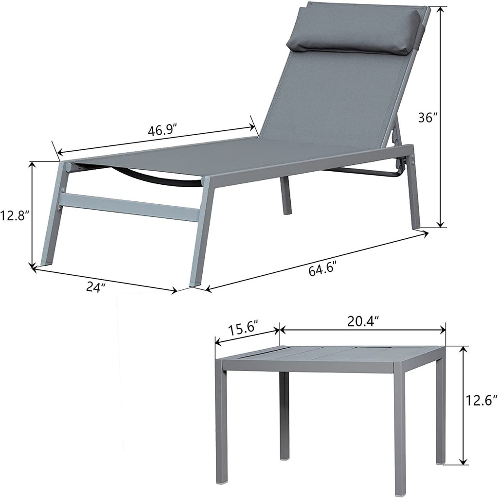 Leoglint Patio Chaise Lounge Set, 3 Pieces Adjustable Backrest Pool Lounge Outdoor Chairs Steel Textilene Sunbathing Recliner with Headrest (Grey,2 Lounge Chair+1 Table)