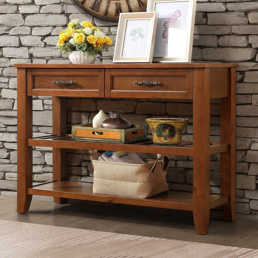 Leoglint Console Sofa Table with 2 Storage Drawers and 2 Tiers Shelves, Mid-Century Style 42'' Solid Wood Buffet Sideboard for Living Room Furniture Kitchen Dining Room Entryway Hallway, Brown