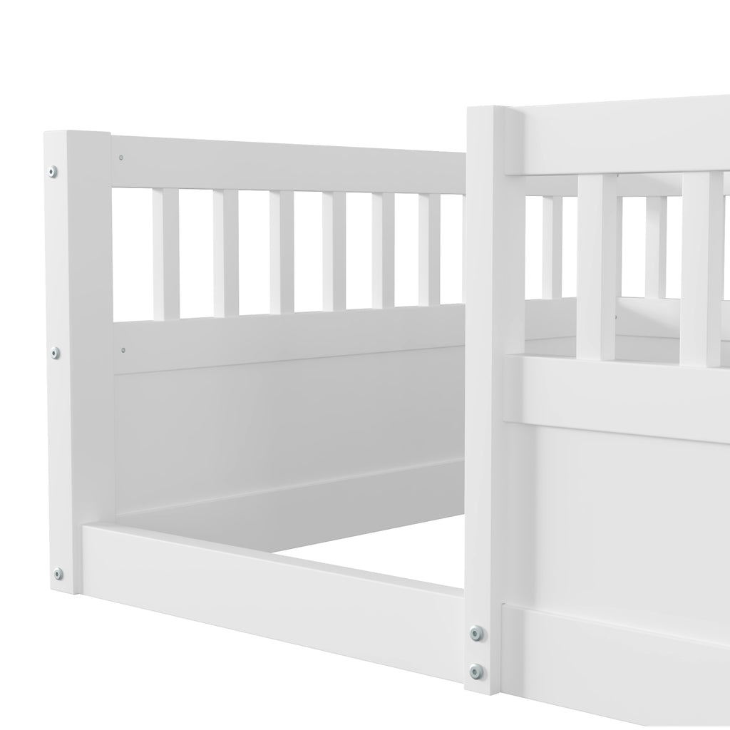 Twin Floor Bed Frame with Fence, Wood Kids Floor Beds Frame for Bedroom Playroom,White(Expect arrive date Jun. 21st)