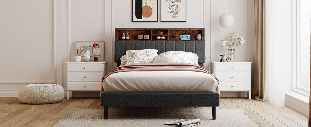 Leoglint Full size Upholstered Platform Bed with Storage Headboard and USB Port,  Linen Fabric Upholstered Bed (Gray)