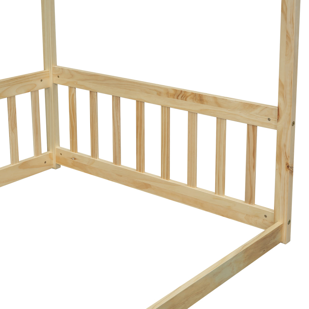 Leoglint Twin Size Canopy Frame Floor Bed Frame with Fence, Guardrails,Natural