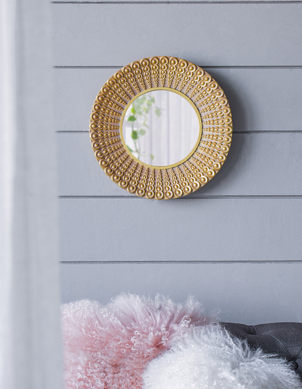 Leoglint 14" Gold Beaded Sunburst Mirror, Round Accent Wall Mirror for Living Room, Entryway, Bathroom, Office, Foyer