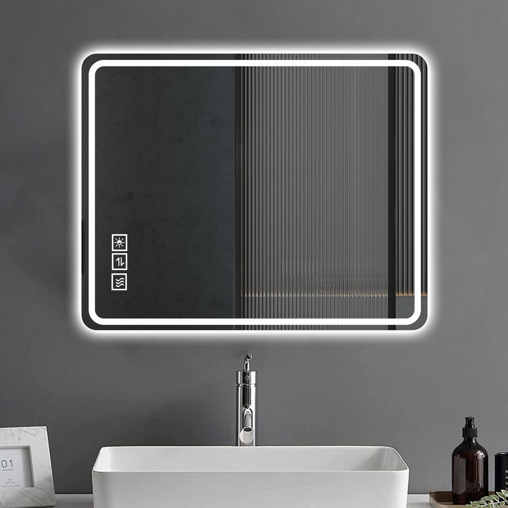 Leoglint 40x32 Inch LED Bathroom Mirror Vanity Mirrors with Front Lights Wall Mounted Anti-Fog Frameless Make Up Mirror with Light 5 mm Copper-Free Silver Mirror Horizontal or Vertical