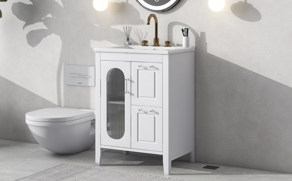 Leoglint 24" Bathroom Vanity with Sink, Bathroom Vanity Cabinet with Two Drawers and Door, Adjustable Shelf, Solid Wood and MDF, White