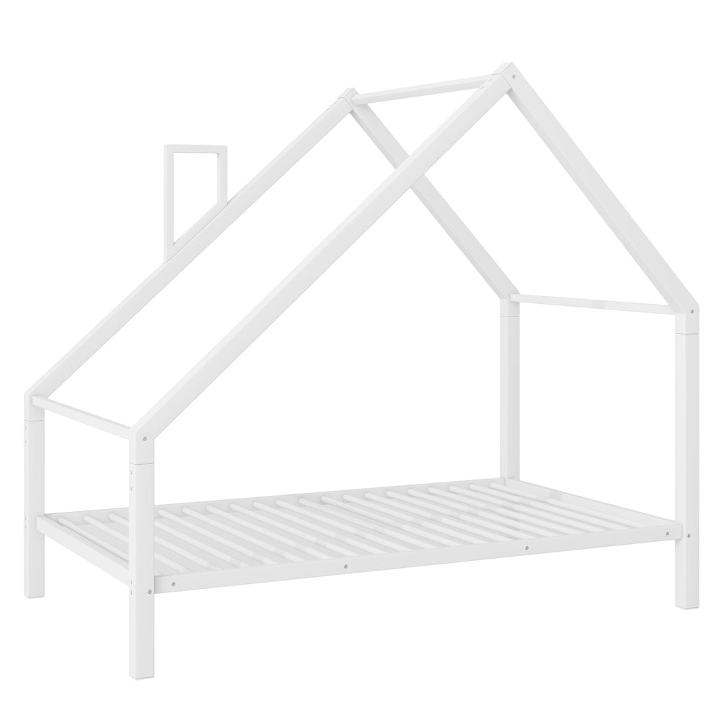 Leoglint Twin Size Metal House Platform Bed Frame with Roof and Chimney, White