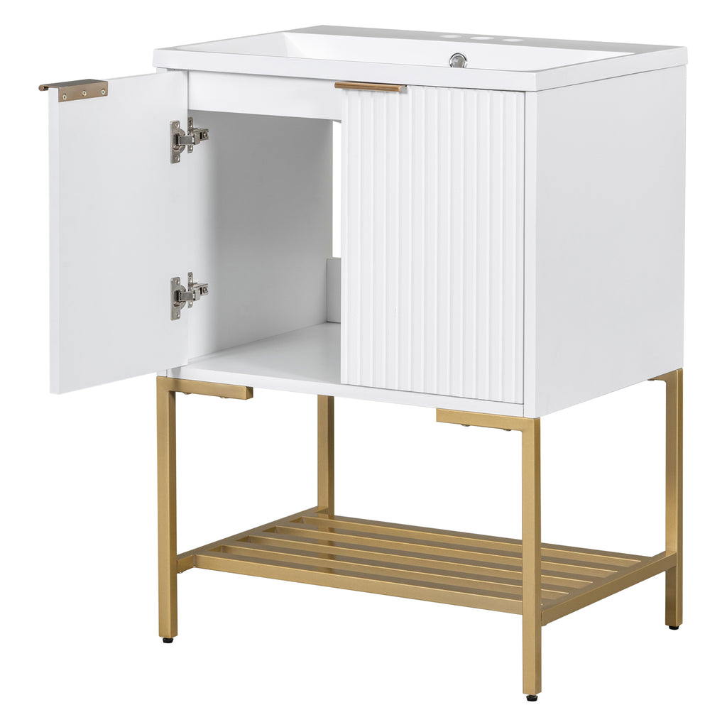 Leoglint 24" Bathroom Vanity with Sink, Bathroom Vanity Cabinet with Two Doors and Gold Metal Frame, Open Storage Shelf, White