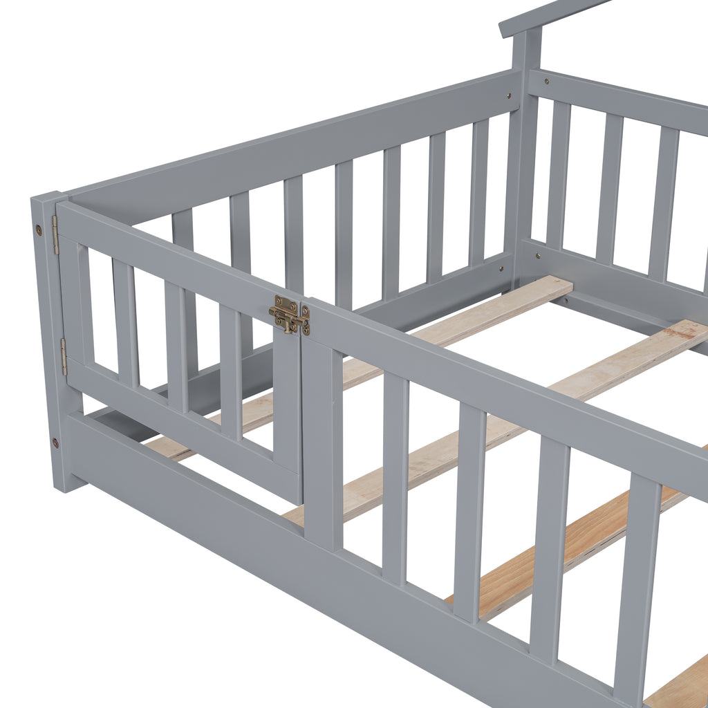 Twin House-Shaped Bedside Floor Bed Frame with Guardrails, Slats, with Door,Grey