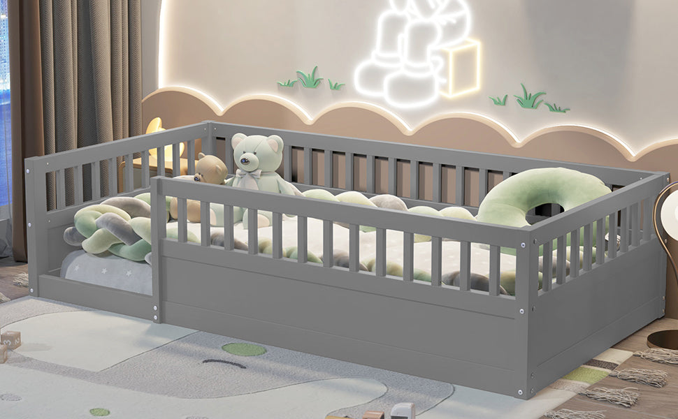 Twin Floor Bed Frame with Fence, Wood Kids Floor Beds Frame for Bedroom Playroom,Gray(Expect arrive date Jun. 21st)