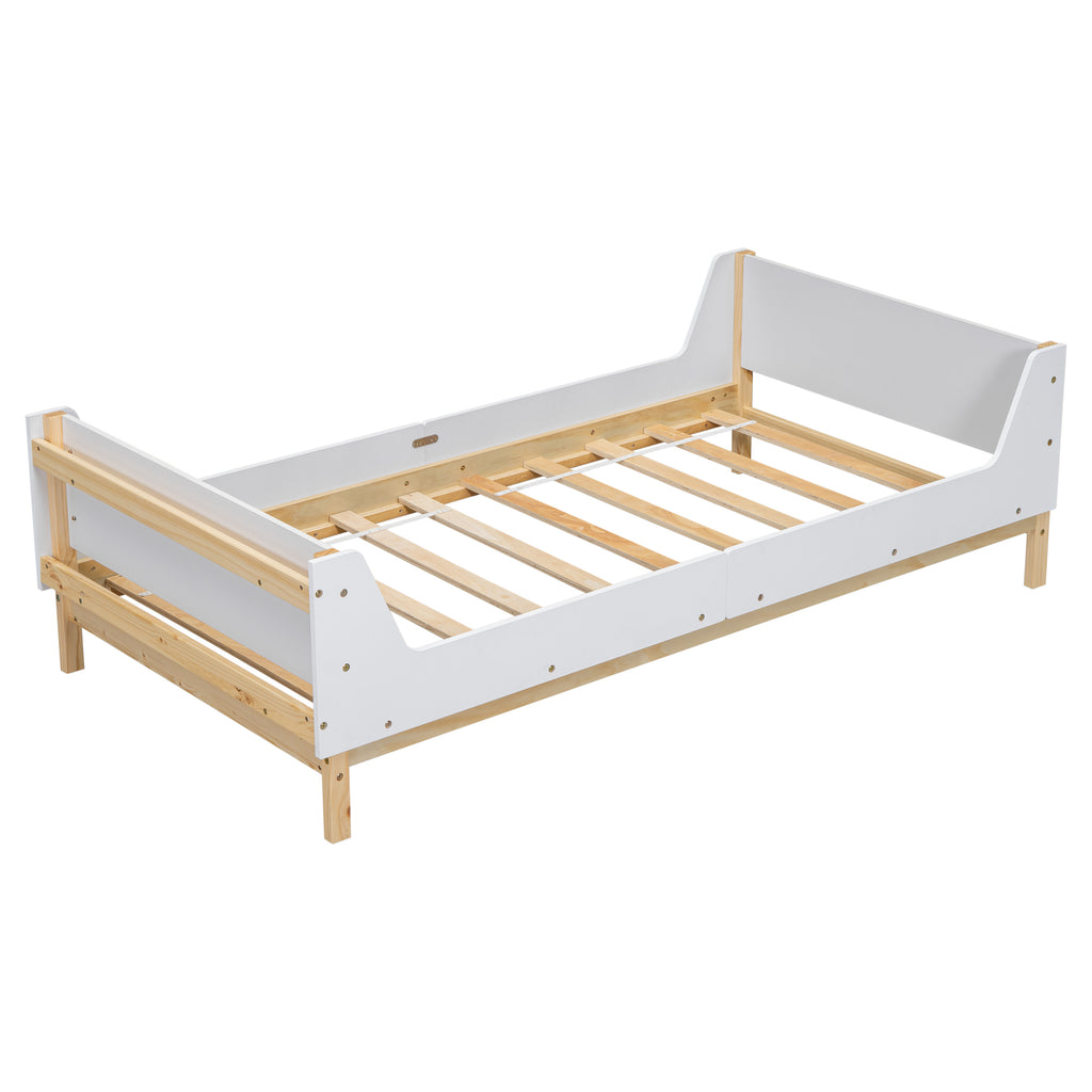 Twin Bed Frame with Headboard, Footboard, Safeguards,  Built-in Bed-end Book Storage Rack ,White