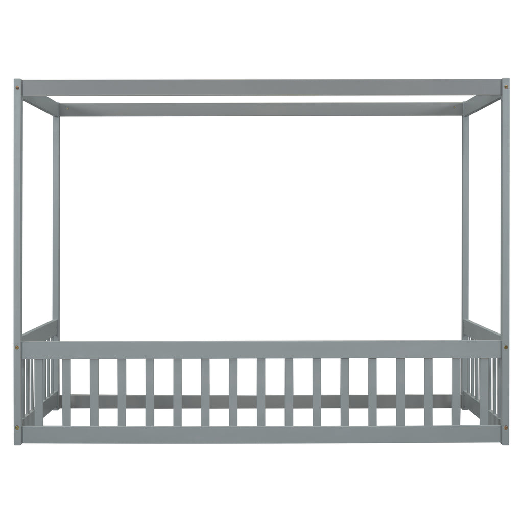 Leoglint Twin Size Canopy Frame Floor Bed Frame with Fence, Guardrails,Grey