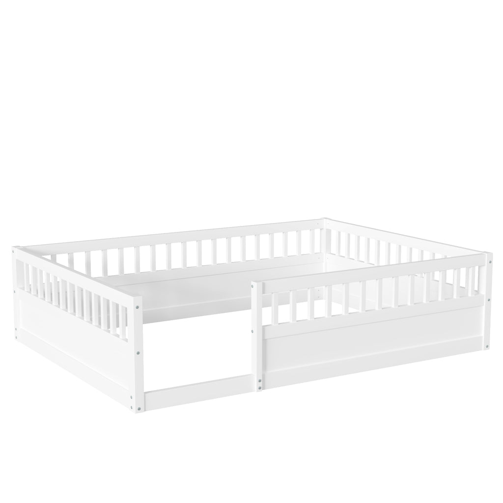 Leoglint Full Floor Bed Frame with Fence, Wood Kids Floor Beds Frame for Bedroom Playroom,White(Expect arrive date Jul. 10th)