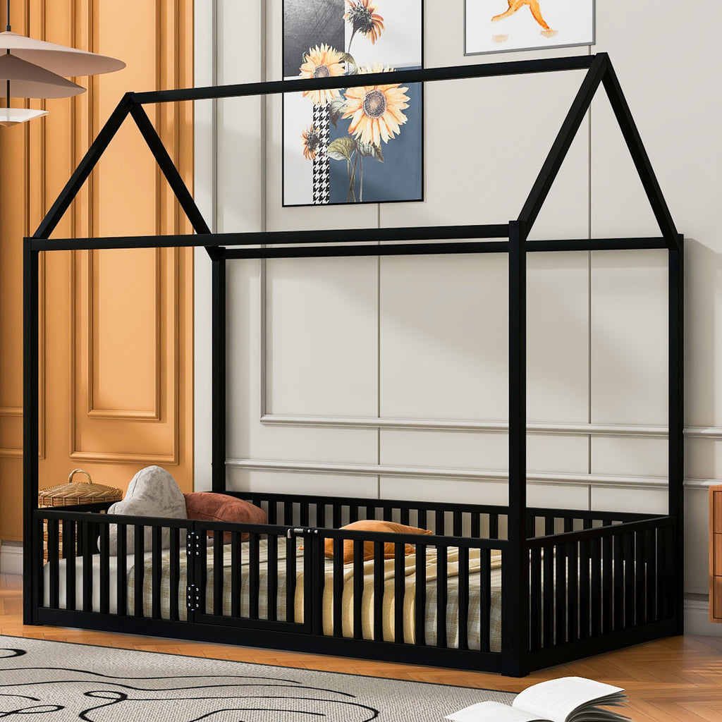 Leoglint Twin Size Metal House Bed Frame with Fence and Door, Black