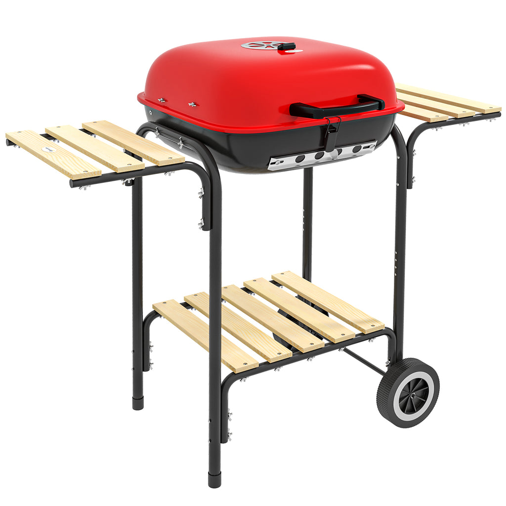 Leoglint 17" Portable Charcoal Grill with Wheels, 2 Side Tables and Bottom Shelf, BBQ with Adjustable Vents on Lid for Picnic, Camping, Backyard, Cooking, Red