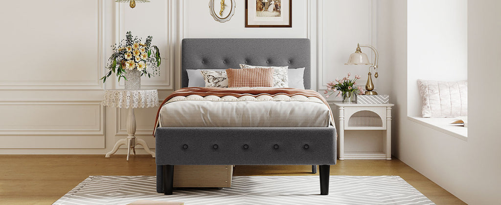 Leoglint Twin Size Upholstered Platform Bed Frame with 2 Drawers, Gray