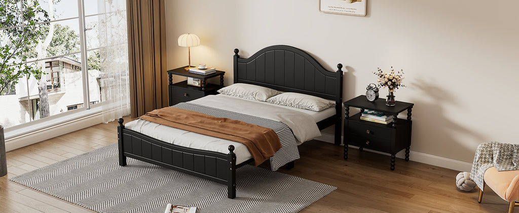 Traditional Concise Style Black Solid Wood Platform Bed Frame, No Need Box Spring, Full