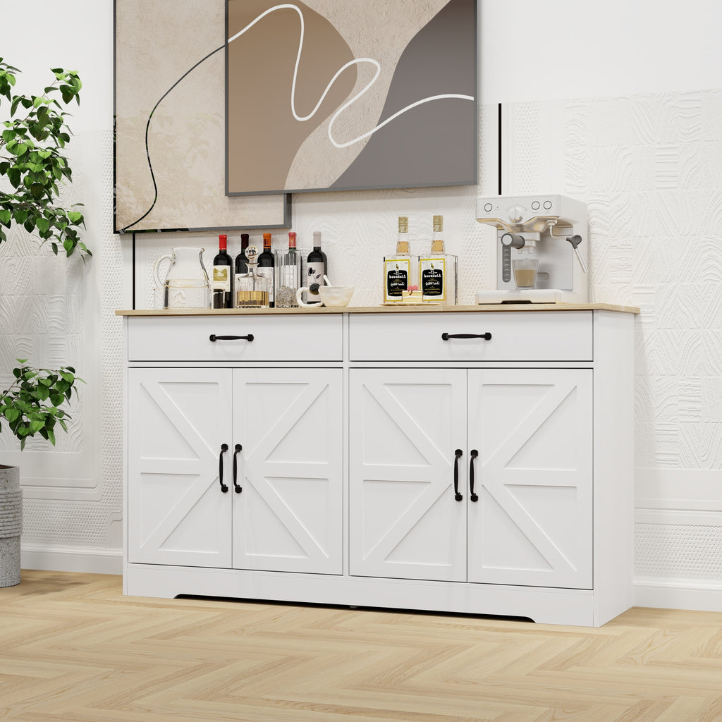 Leoglint 55.91" Large Farmhouse Buffet Cabinet Storage Sideboard with 2 Drawers and 4 Doors for Dining Living Room Kitchen Cupboard-White