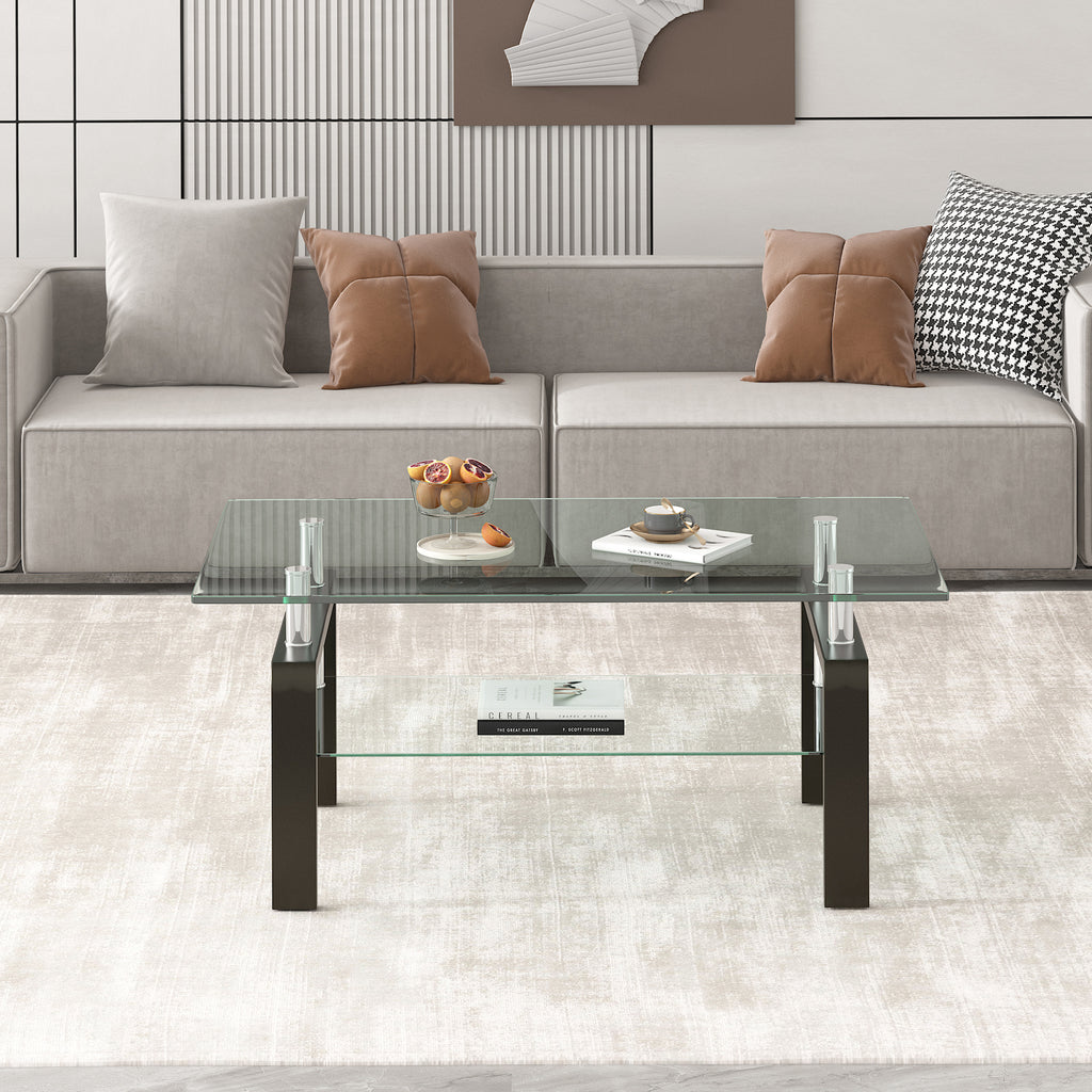 Leoglint Tempered Clear Glass Coffee Table, 2-Layers Coffee Table Living Room Center Table