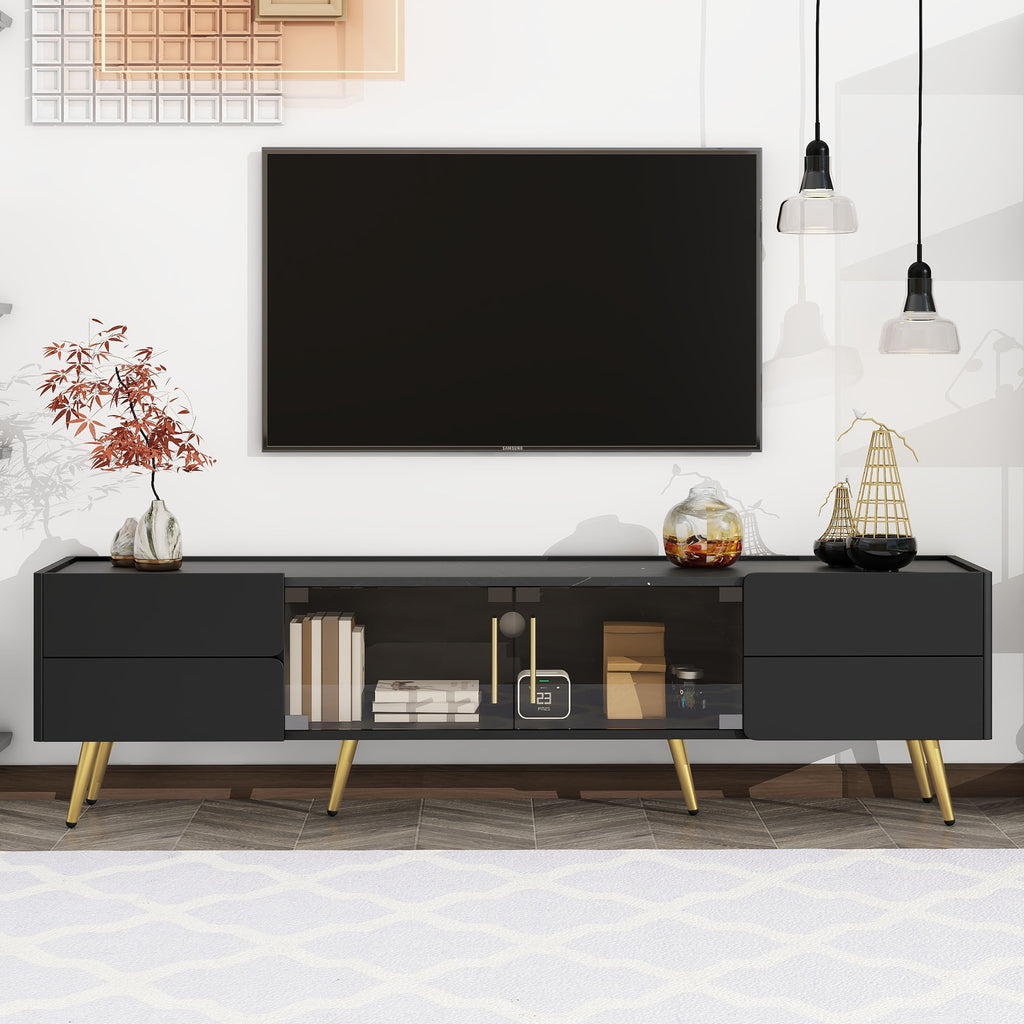 Leoglint U-Can Modern TV Stand with LED lights for TVs up to 80 Inches, Entertainment Center with 4 Drawers and 1 Cabinet with Brown Glass Door, Media Console with Metal Legs and Handles for Living room