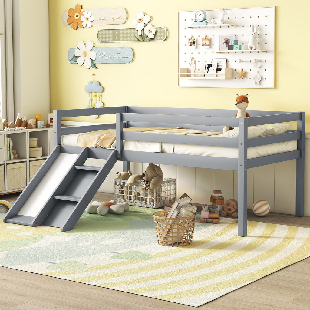 Twin Low Loft Bed Frame with Slide,  Ladder, Safety Guardrails, No Box Spring Needed,Grey