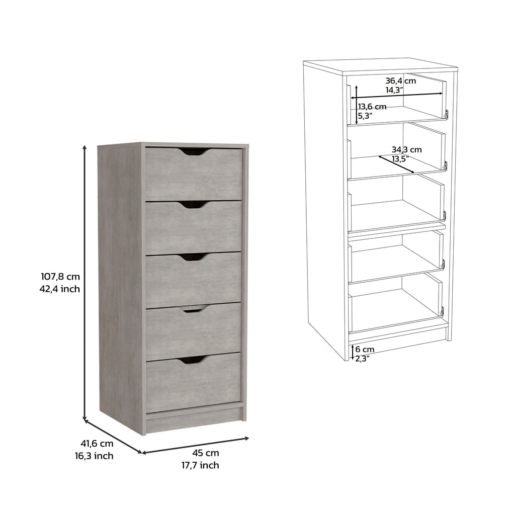 Leoglint Drawer Chest Dresser 42H" 5 Drawers Narrow Dresser, Slim Storage Chest of Drawers, Bedroom, Concrete Gray