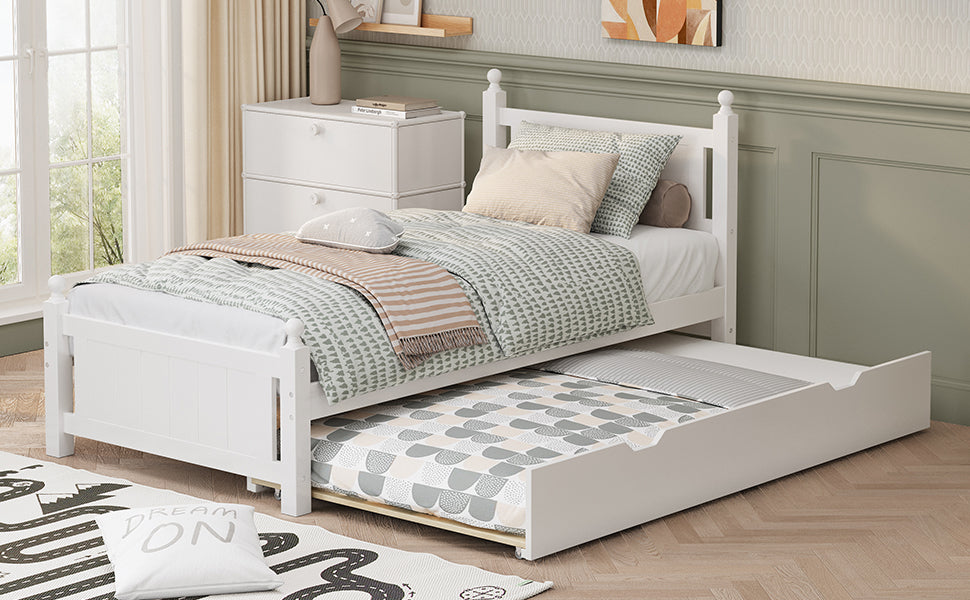 Leoglint Twin Size Solid Wood Platform Bed Frame with trundle for Limited Space Kids, Teens, Adults, No Need Box Spring, White