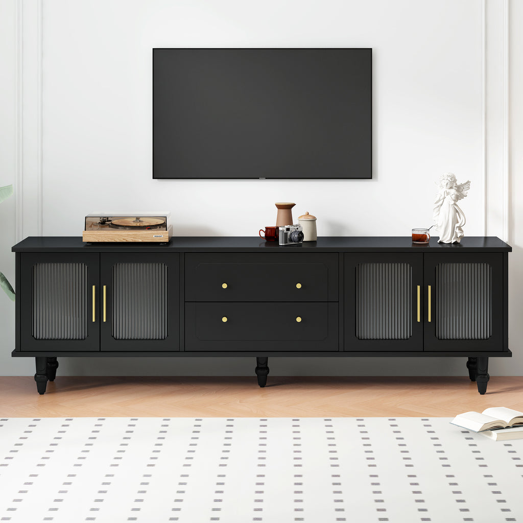 Leoglint ON-TREND Retro Design TV Stand with Fluted Glass Doors for TVs Up to 78'', Practical Media Console with 2 Drawers and Cabinets, Elegant Entertainment Center for Living Room, Black