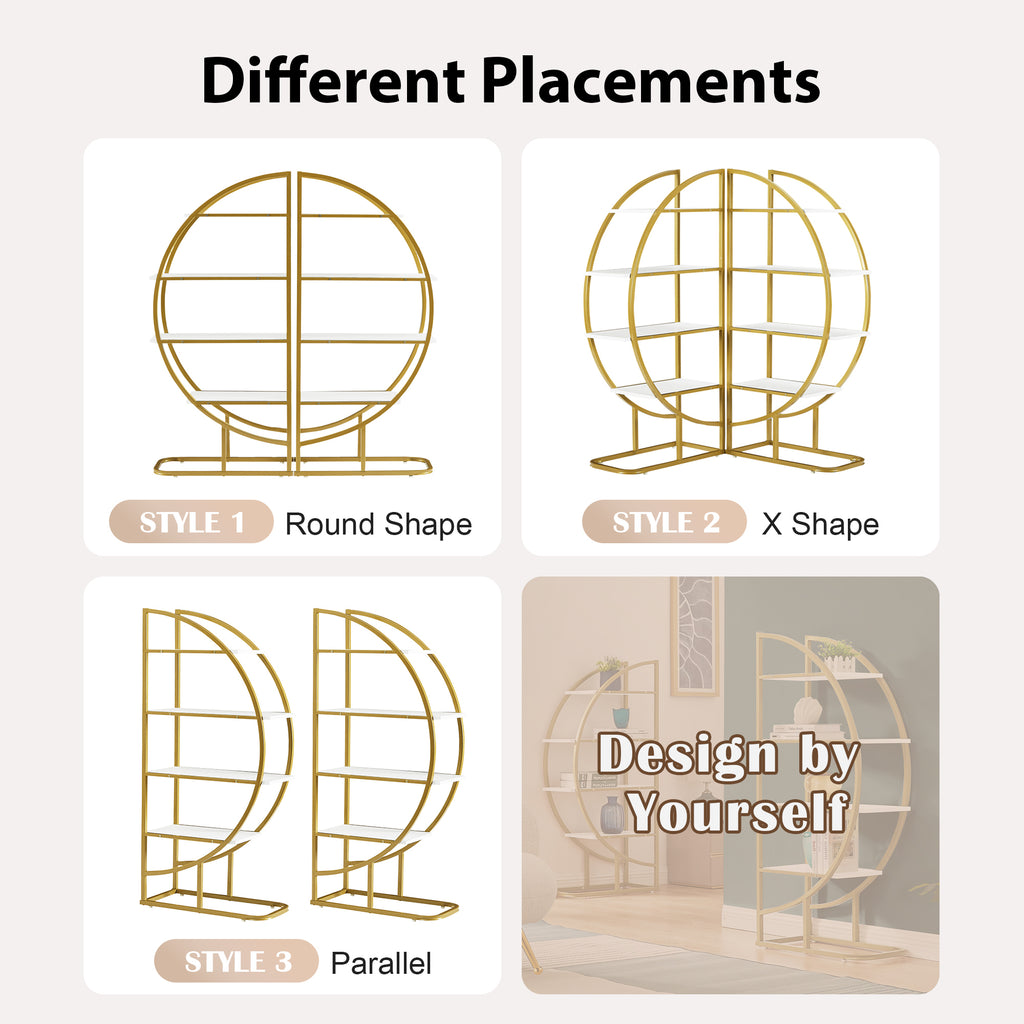 Leoglint 4 Tiers Home Office Open Bookshelf, Round Shape, Different Placement Ways, MDF Board, Gold Metal Frame, White