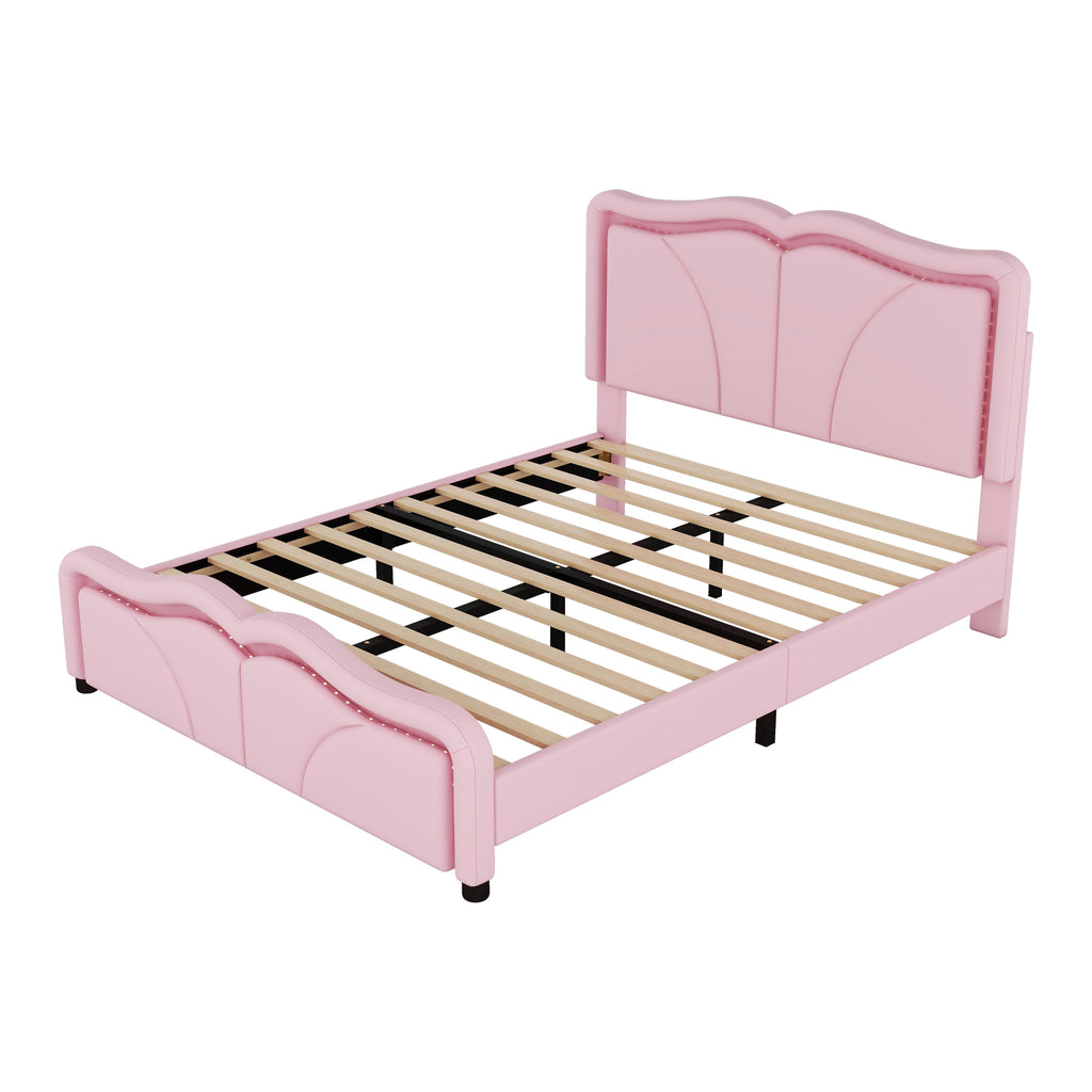 Leoglint Full Size Upholstered Platform Bed Frame with Curve Shaped and Height-adjustbale Headboard,LED Light Strips,Pink