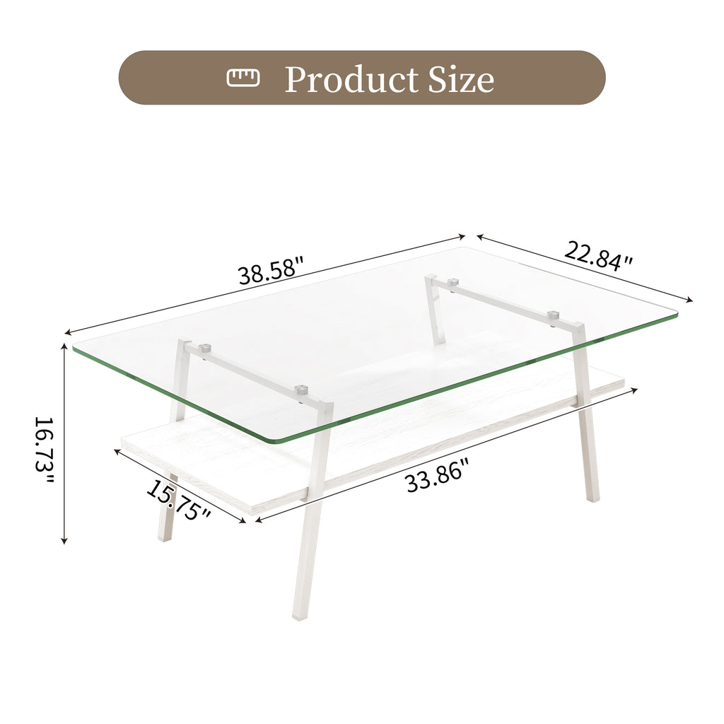 Leoglint Rectangle Coffee Table, Tempered Glass Tabletop with White Metal Legs, Modern Table for Living Room , Transparent Glass