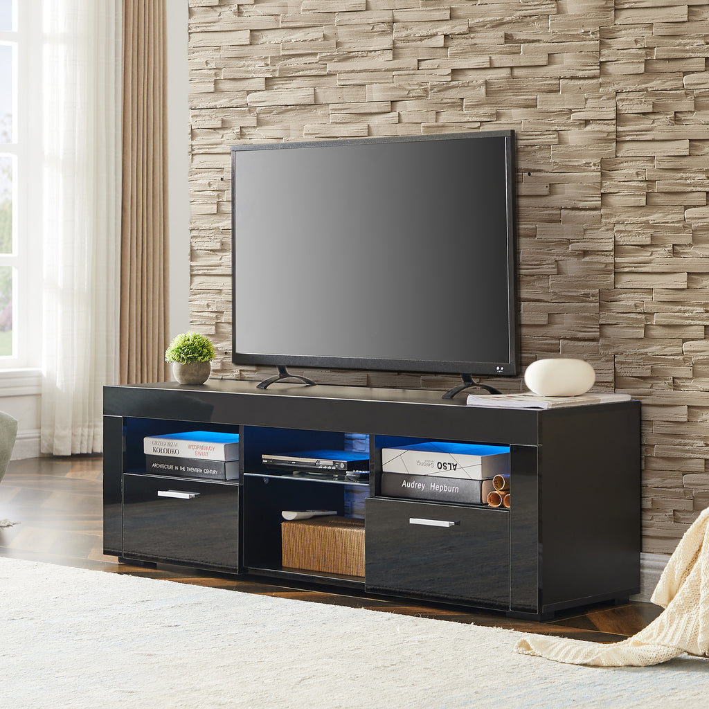 Leoglint Black morden TV Stand with LED Lights,high glossy front TV Cabinet,can be assembled in Lounge Room, Living Room or Bedroom,color:Black