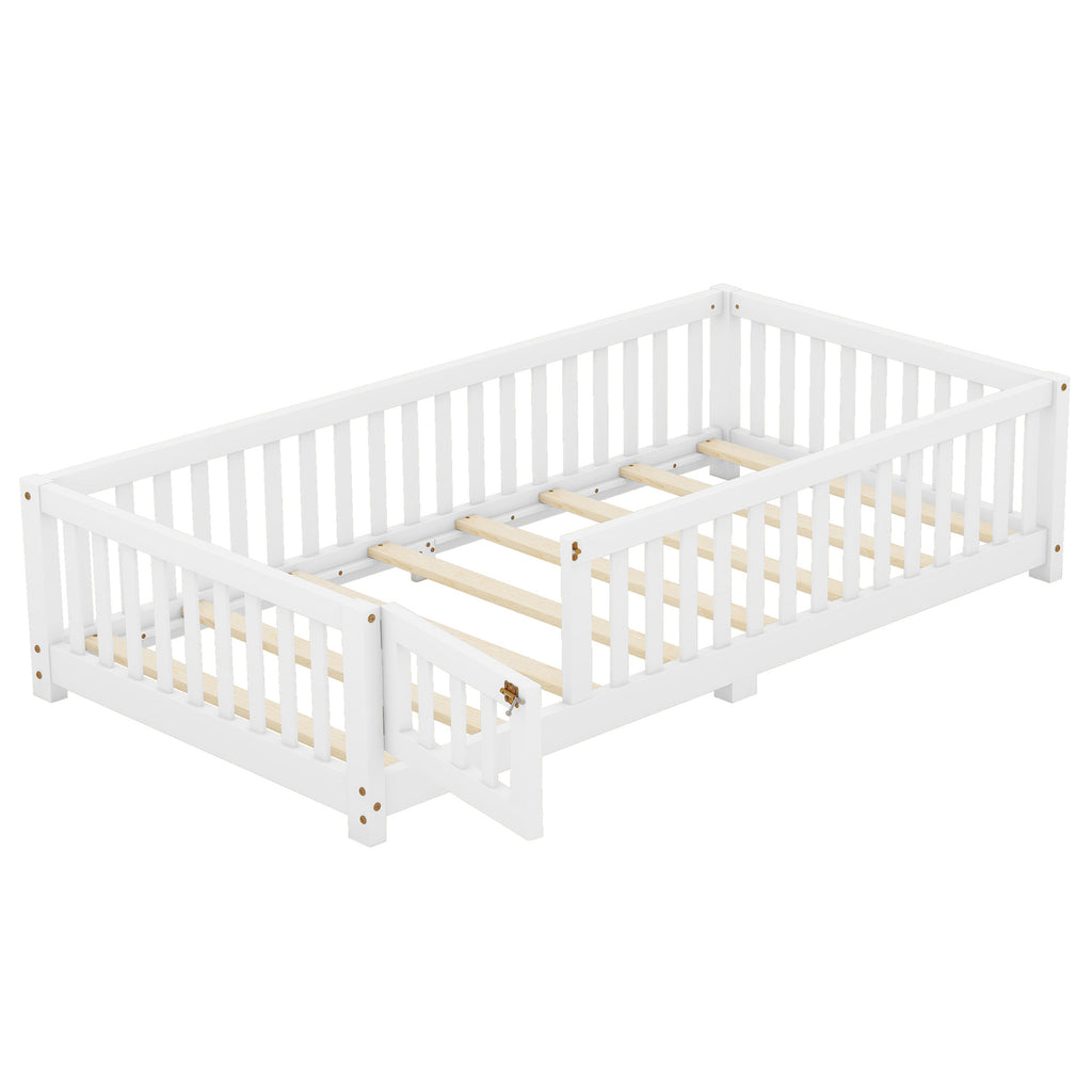 Leoglint Twin Size Bed Floor Bed Frame with Safety Guardrails and Door for Kids, White(Old SKU:W158090683)