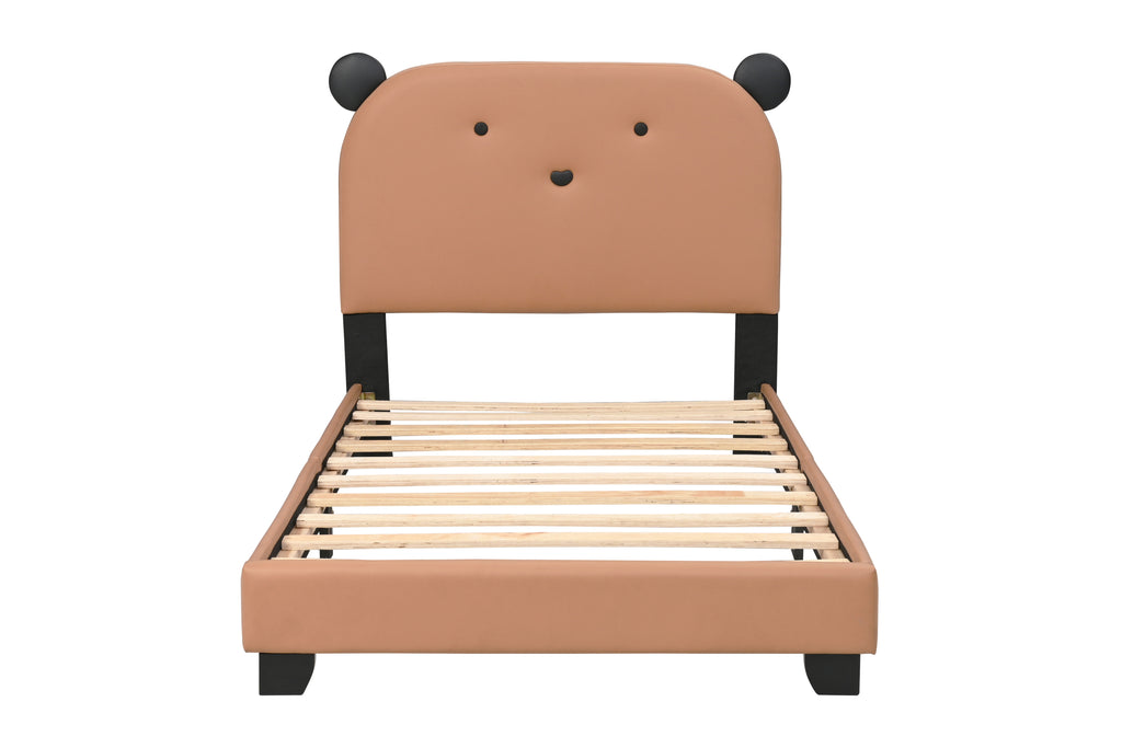 Leoglint Upholstered Twin Size Platform Bed for Kids, Wooden Bed Frame with Slatted Bed Base, No Box Spring Needed, Cute Bed Frame with Bear Design Headboard for Girls Boys Teens, Brown