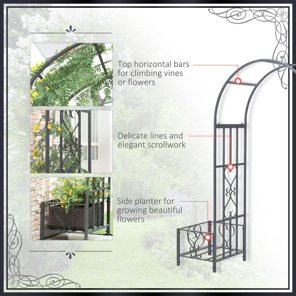 Leoglint 6.7' Steel Garden Trellis Arbor with Scrollwork Hearts, Planter Boxes for Climbing Vines, Ceremony, Weddings, Party, Backyard, Lawn, Dark Gray