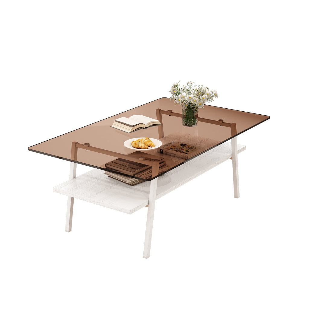 Leoglint Rectangle Coffee Table, Tempered Glass Tabletop with White Metal Legs, Modern Table for Living Room , Brown Glass