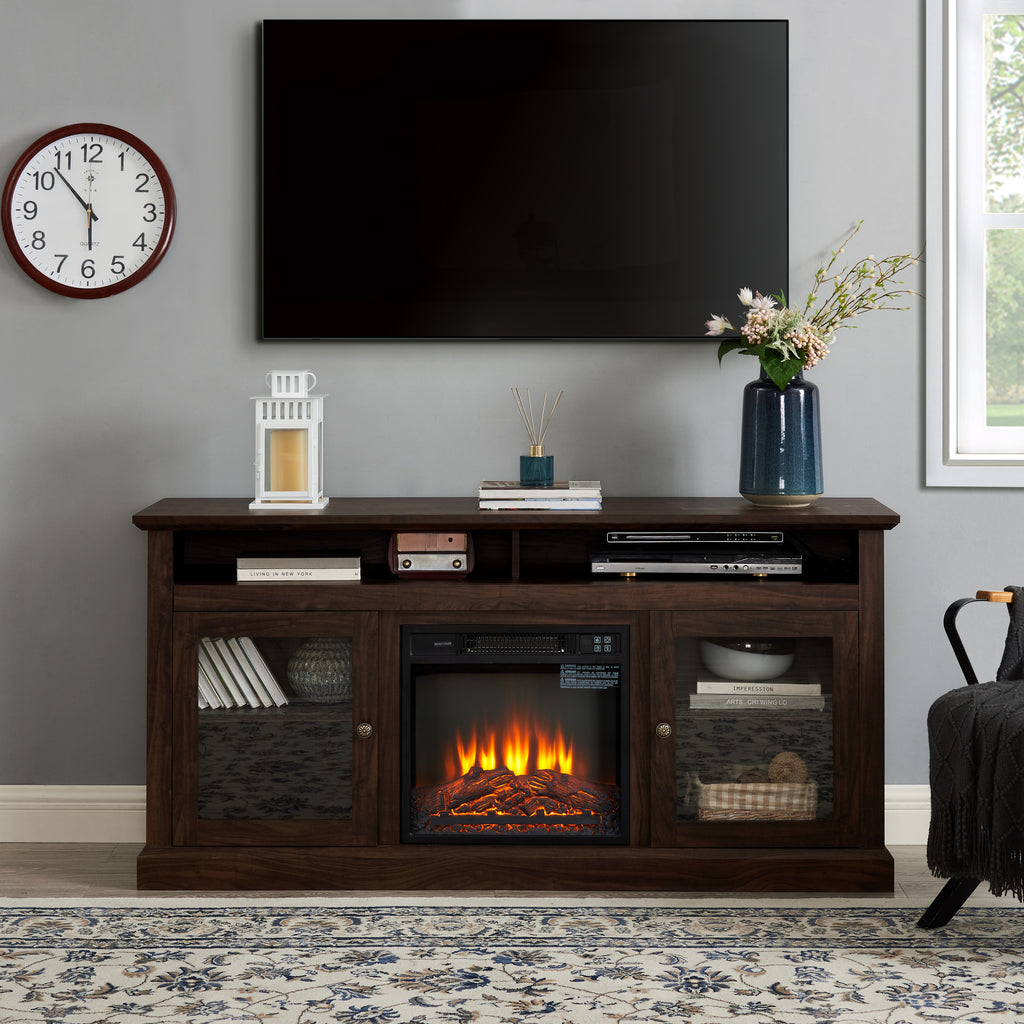 Leoglint Contemporary TV Stand Modern Entertainment Console with 18" Fireplace Insert for TV Up to 65" with Open and Closed Storage Space, Brown, 60"W*15.75"D*29"H